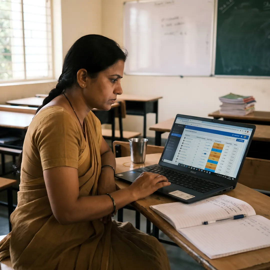 Teacher reviewing student progress insights on a laptop