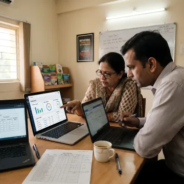 School leadership and teachers using academic software dashboard