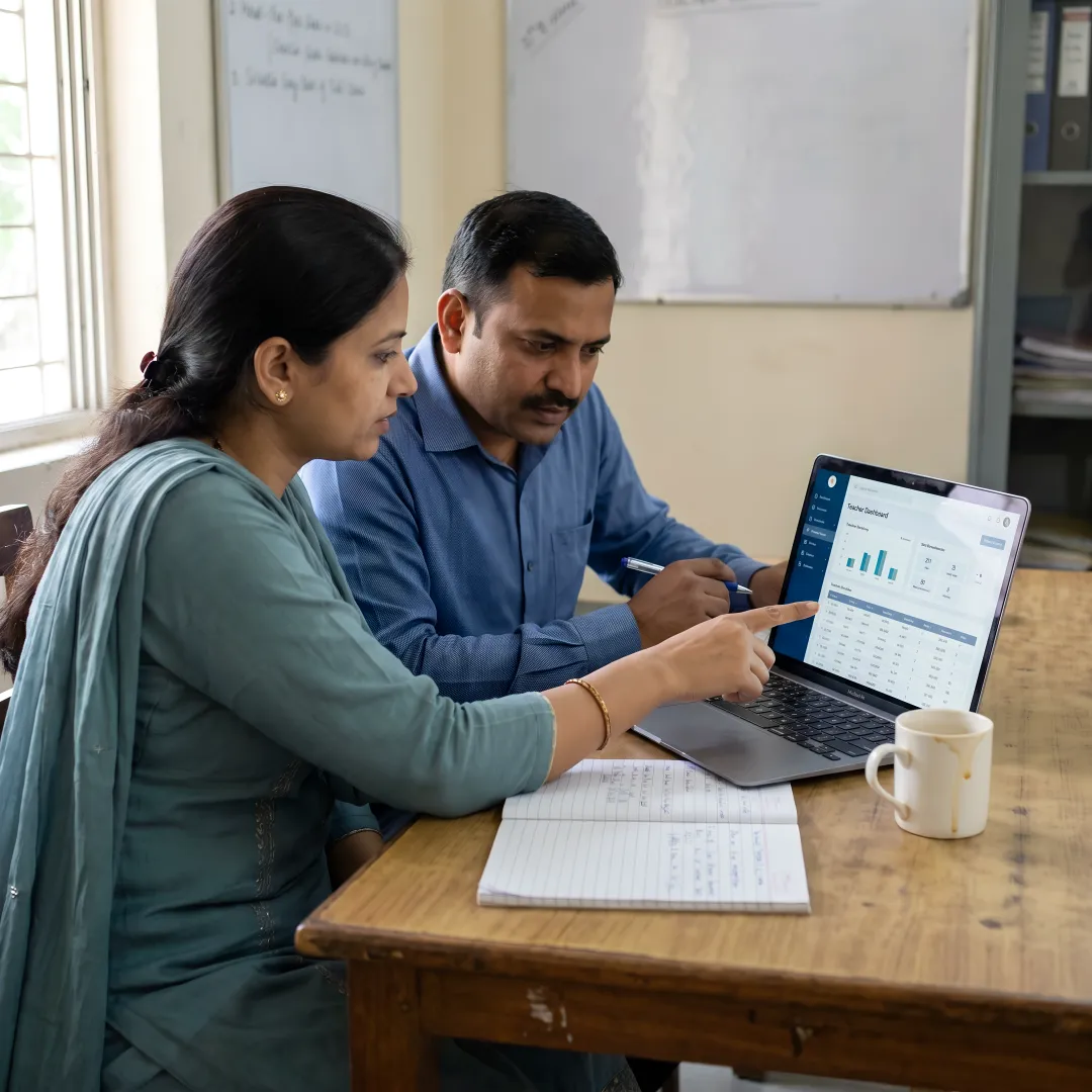School staff using teacher workflow software