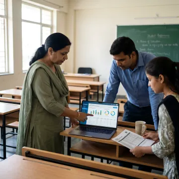 School leaders reviewing academic performance software dashboard