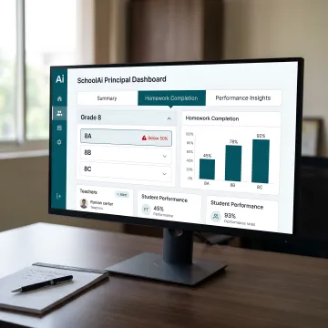 SchoolAi by Coschool principal dashboard showing grade-wise homework completion and performance insights