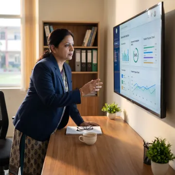 School principal reviewing an AI dashboard