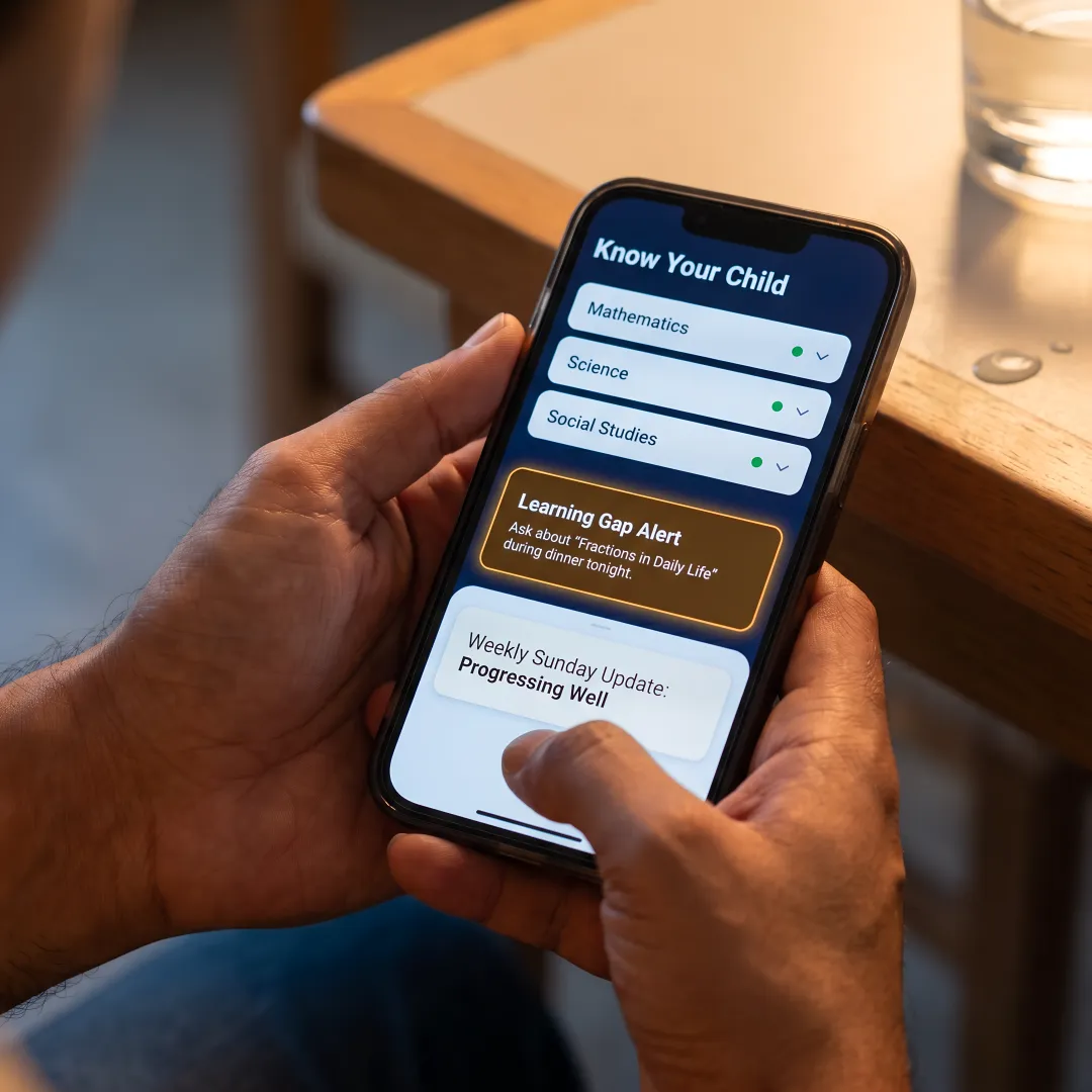 SchoolAi Parent App showing daily learning insights and dinner-table question