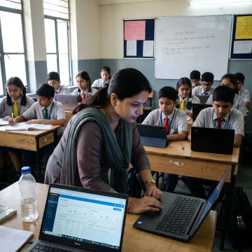 Teachers and students using smart classroom software