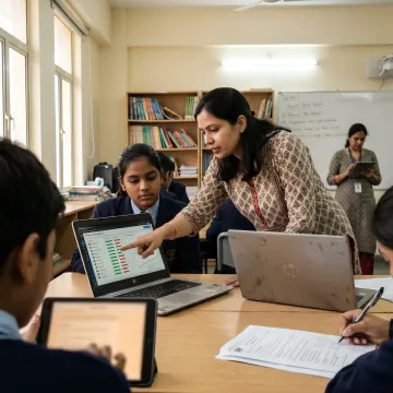 Teachers using a digital learning platform in school