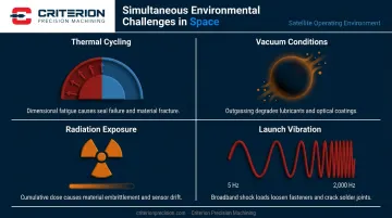 Four simultaneous satellite environmental hazards infographic thermal vacuum radiation vibration