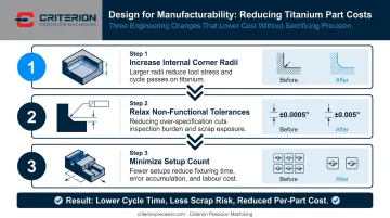 Three high-impact DFM changes to reduce titanium CNC machining costs process infographic
