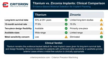 Titanium versus zirconia dental implant comparison chart across five clinical factors