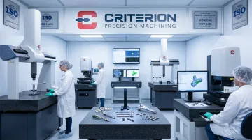 Precision CMM inspection equipment measuring complex implant component geometry in certified facility