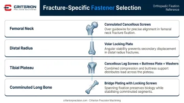 Fracture-specific orthopedic fastener selection guide by anatomical location and fixation type