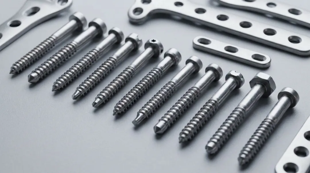 Precision orthopedic bone screws and trauma fixation hardware components close-up view
