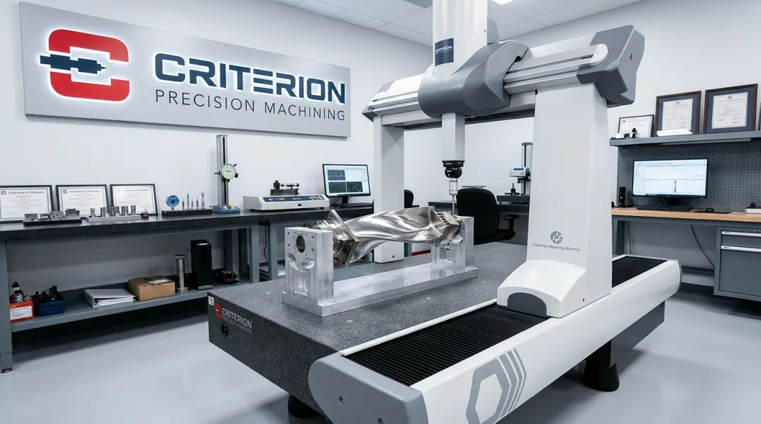 Aerospace CMM coordinate measuring machine inspecting precision machined component in certified facility