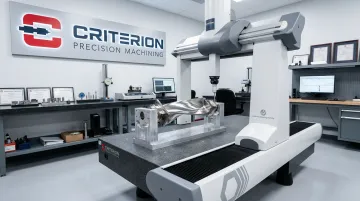 Aerospace CMM coordinate measuring machine inspecting precision machined component in certified facility