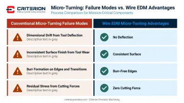 Four conventional micro-turning failure modes versus wire EDM micro turning advantages comparison