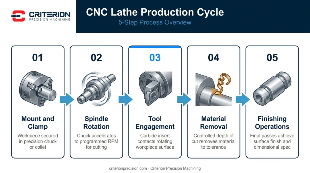 5-step CNC lathe production cycle process flow from mount to finish