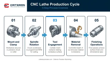 5-step CNC lathe production cycle process flow from mount to finish