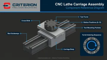 CNC lathe carriage turret and cross-slide component diagram with labeled parts