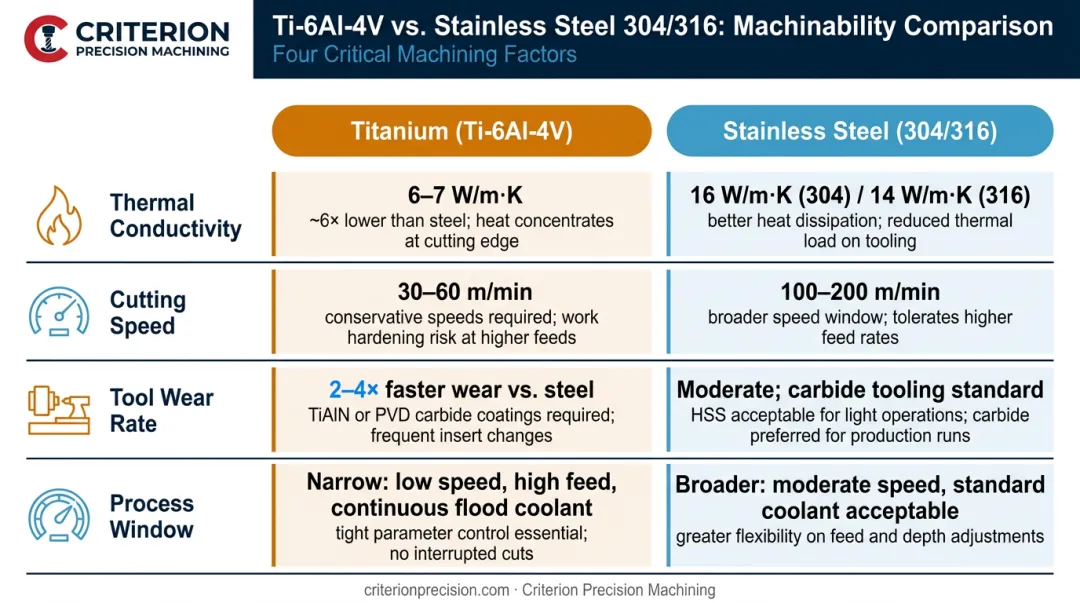 Titanium versus stainless steel machinability comparison chart with cutting speeds and thermal data