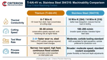 Titanium versus stainless steel machinability comparison chart with cutting speeds and thermal data