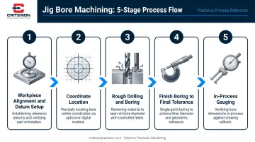 Five-step jig bore machining process flow from datum setup to in-process gauging