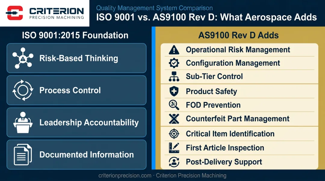 AS9100 Rev D additional requirements beyond ISO 9001:2015 baseline comparison infographic