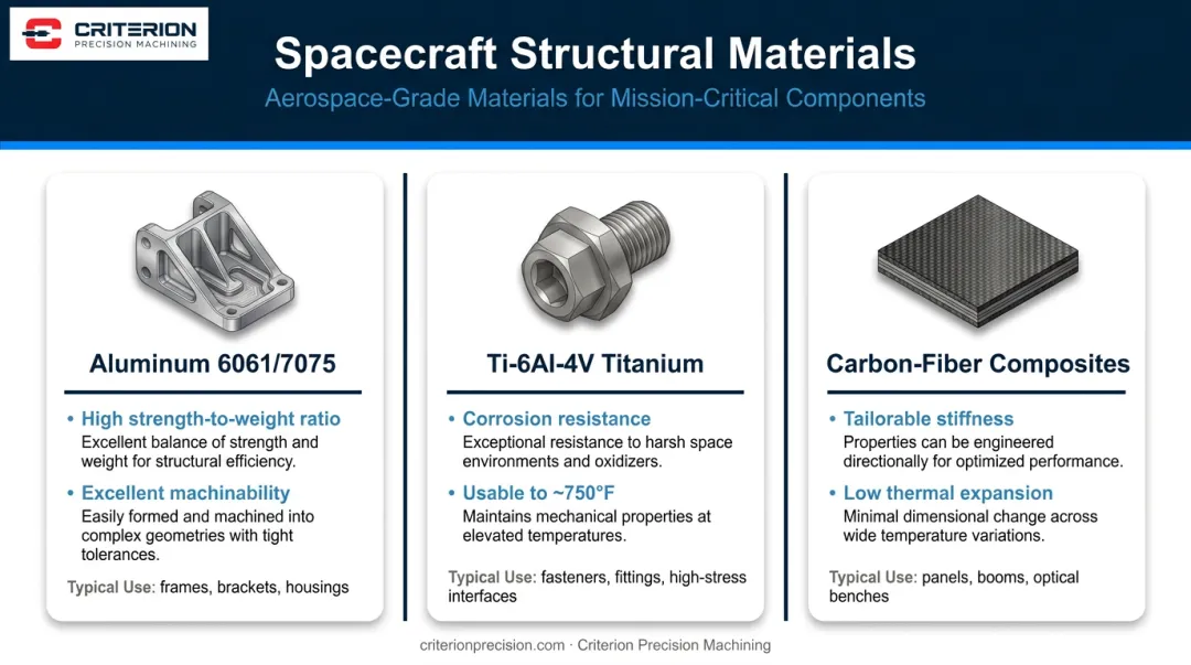 Three spacecraft structural materials comparison chart aluminum titanium carbon-fiber composites