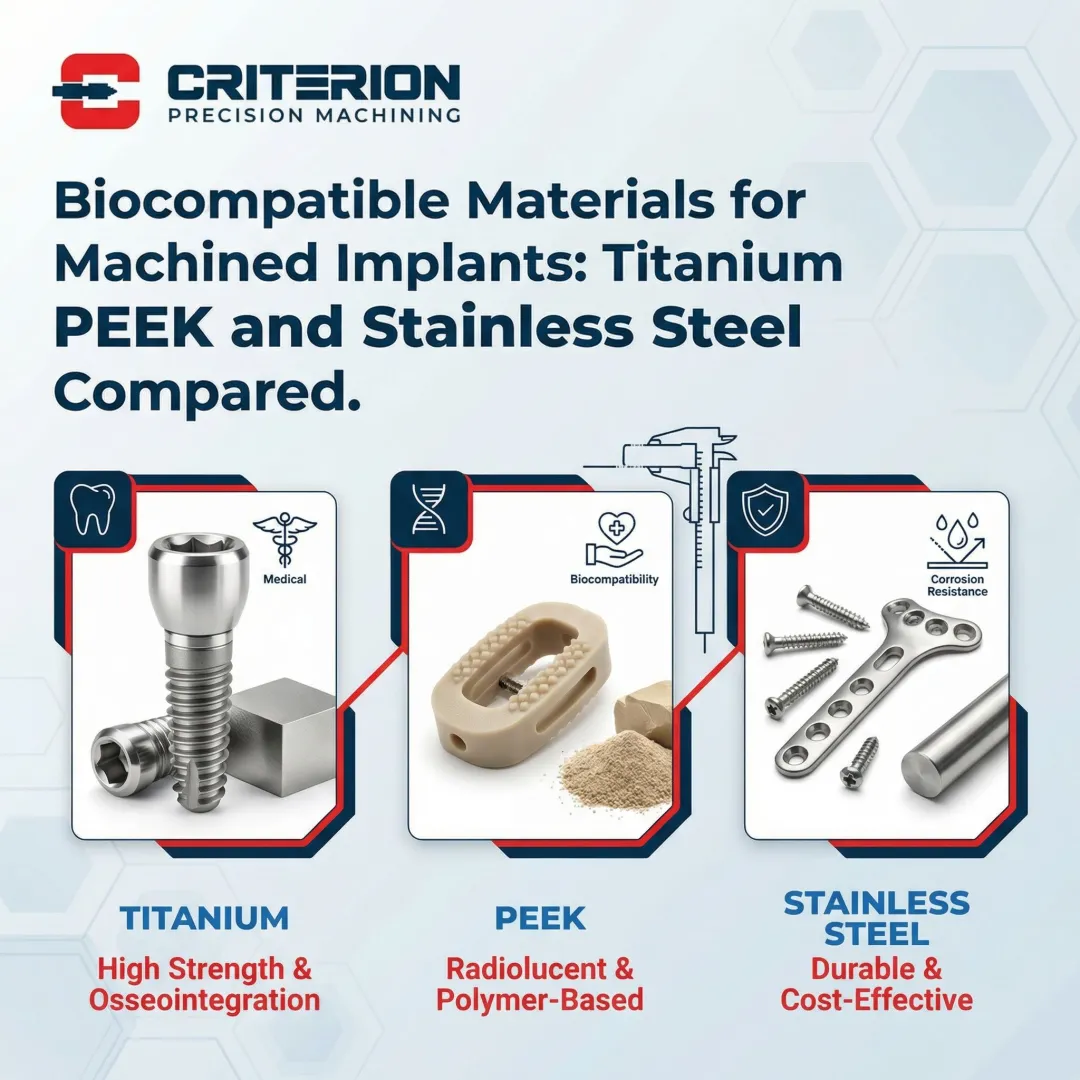 Biocompatible Materials for Machined Implants: Titanium PEEK and Stainless Steel Compared