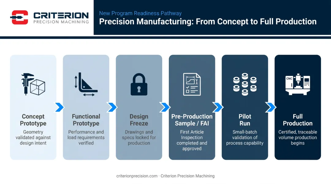 Six-stage precision machining prototype to full production process flow infographic