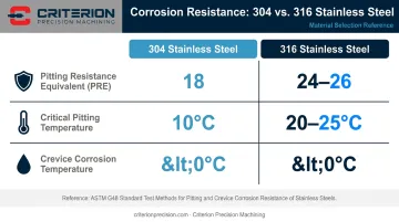 304 versus 316 stainless steel corrosion resistance PRE comparison data infographic