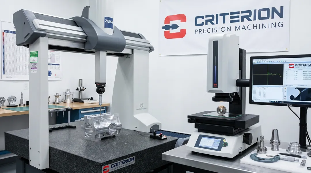 Precision machine shop CMM inspection system measuring tight-tolerance machined components