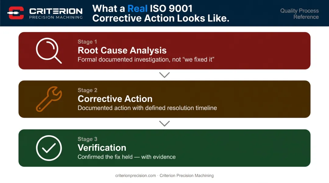 ISO 9001 corrective action process three-step root cause analysis and verification workflow