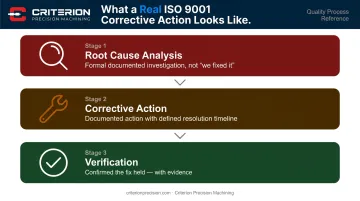 ISO 9001 corrective action process three-step root cause analysis and verification workflow