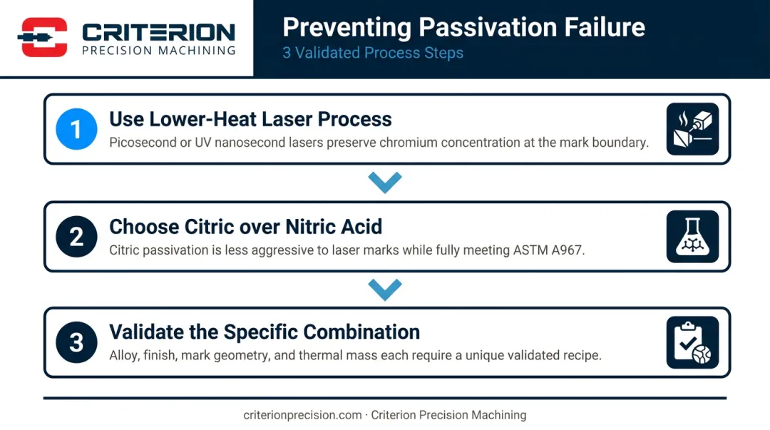 Three-step approach to solving laser marking passivation failure on surgical instruments