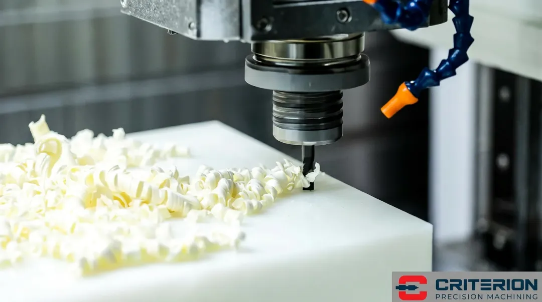 CNC milling machine cutting UHMWPE plastic workpiece with chip evacuation