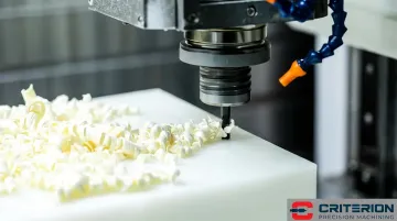 CNC milling machine cutting UHMWPE plastic workpiece with chip evacuation