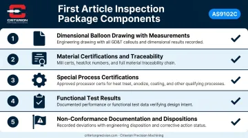 AS9102C First Article Inspection package five-component checklist infographic