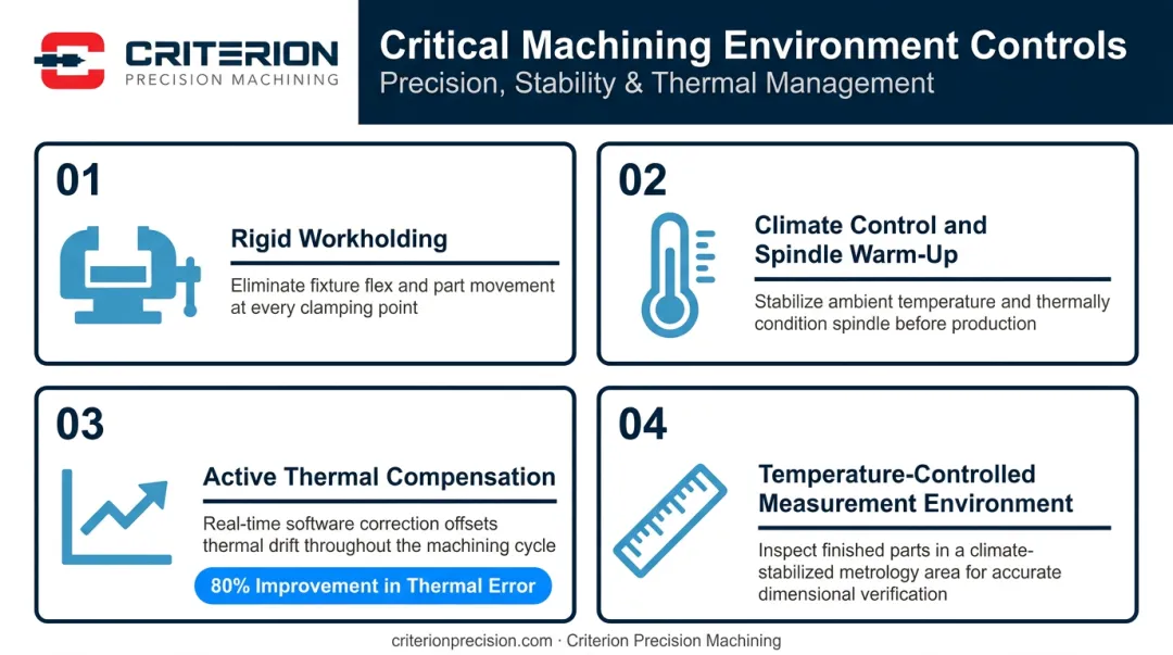 Four aerospace machining environmental controls process diagram with tolerance improvement data