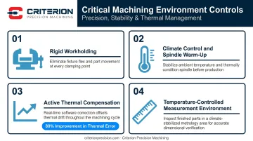 Four aerospace machining environmental controls process diagram with tolerance improvement data
