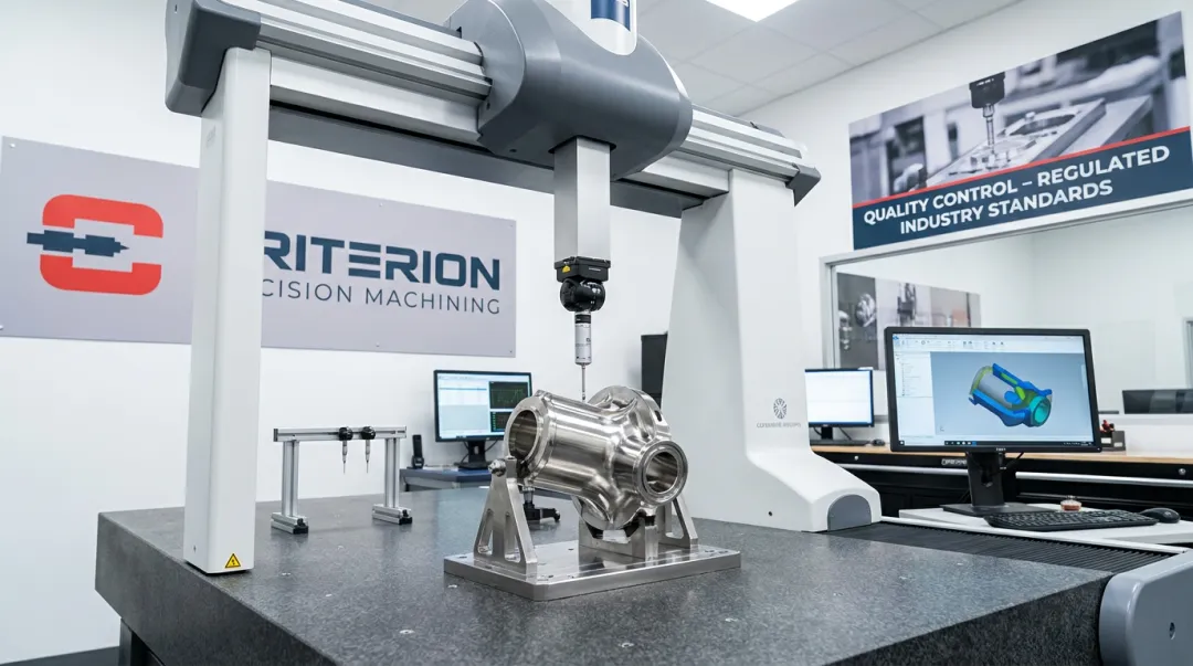 CMM coordinate measuring machine inspecting precision machined stainless steel component