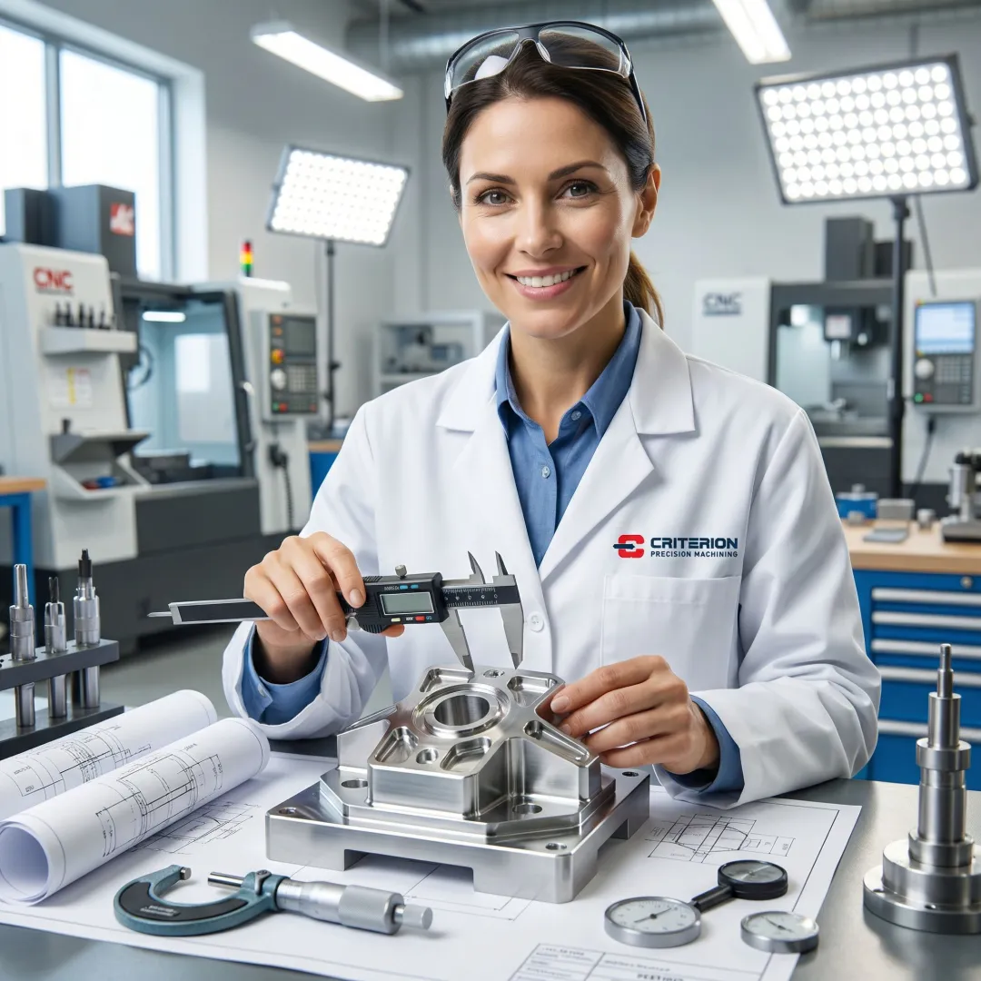 Engineer reviewing precision machined prototype with digital calipers and CAD drawings
