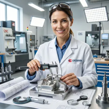 Engineer reviewing precision machined prototype with digital calipers and CAD drawings