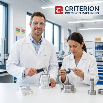 Engineering team reviewing precision machined prototype components