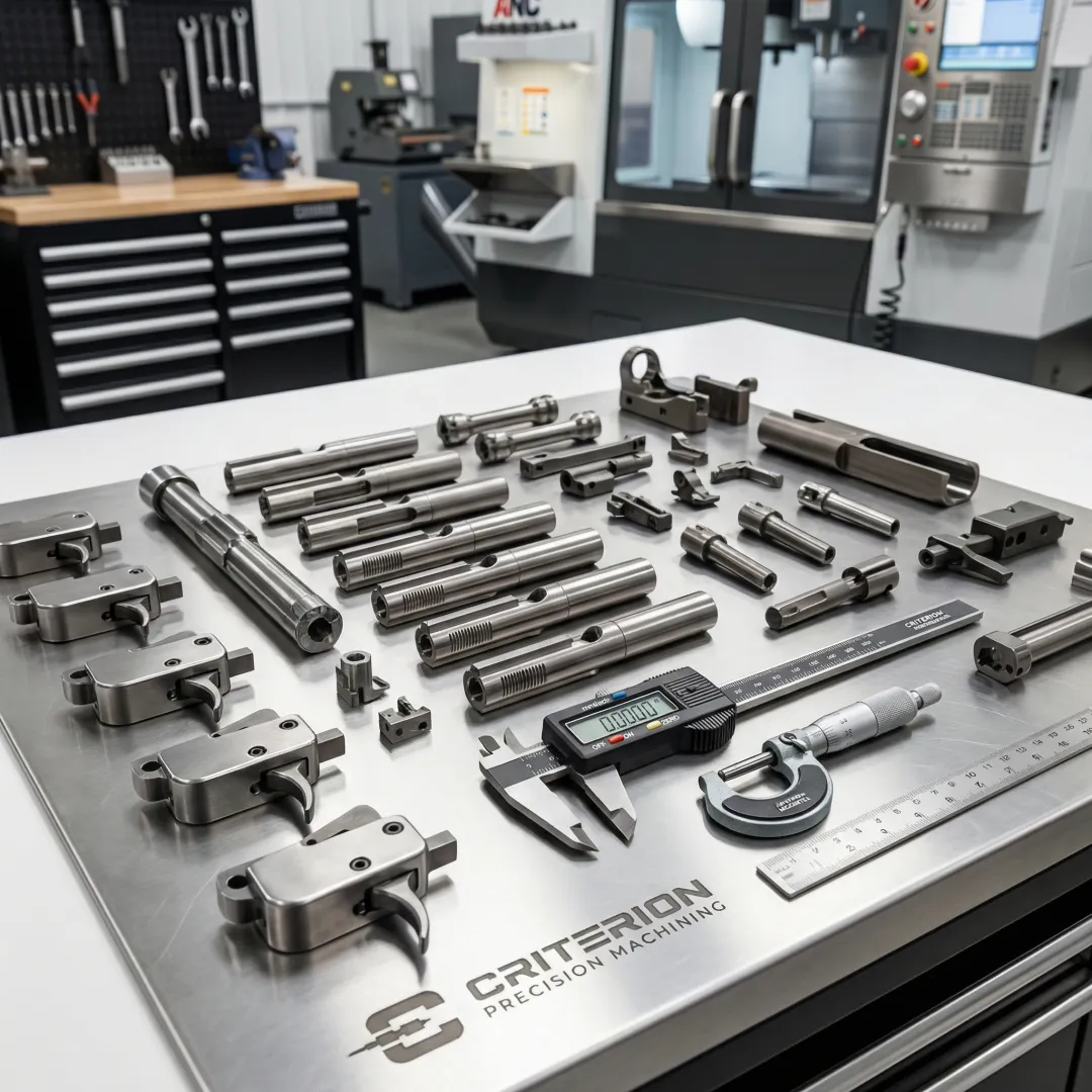 Finished precision-machined firearms components laid out for quality inspection