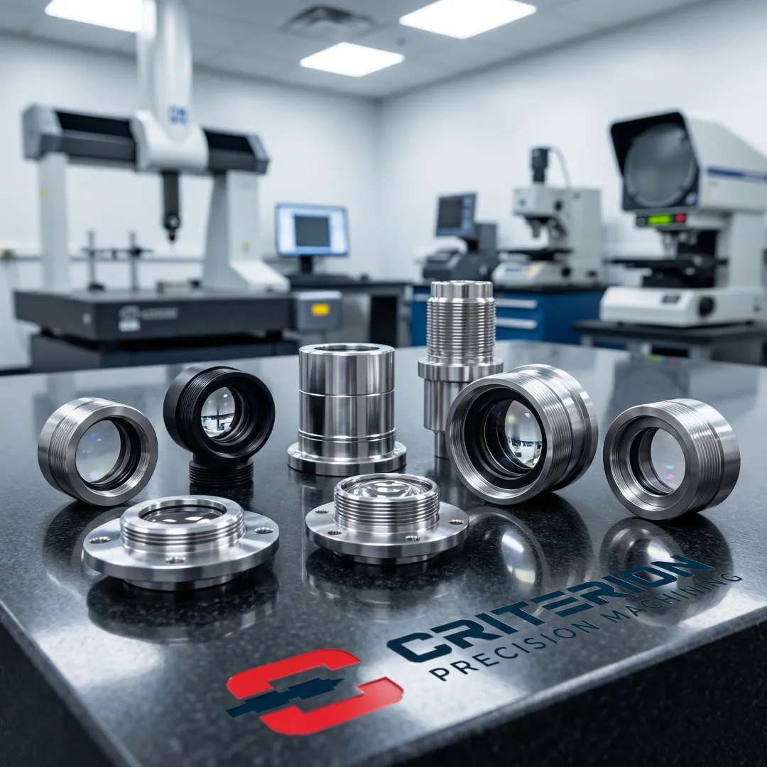 Close-up of precision-machined photonic lens housing components on an inspection surface