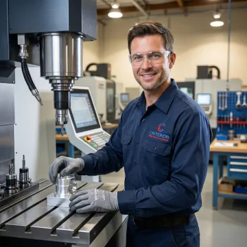 CNC machinist setting up a precision laser assembly component on a multi-axis milling machine