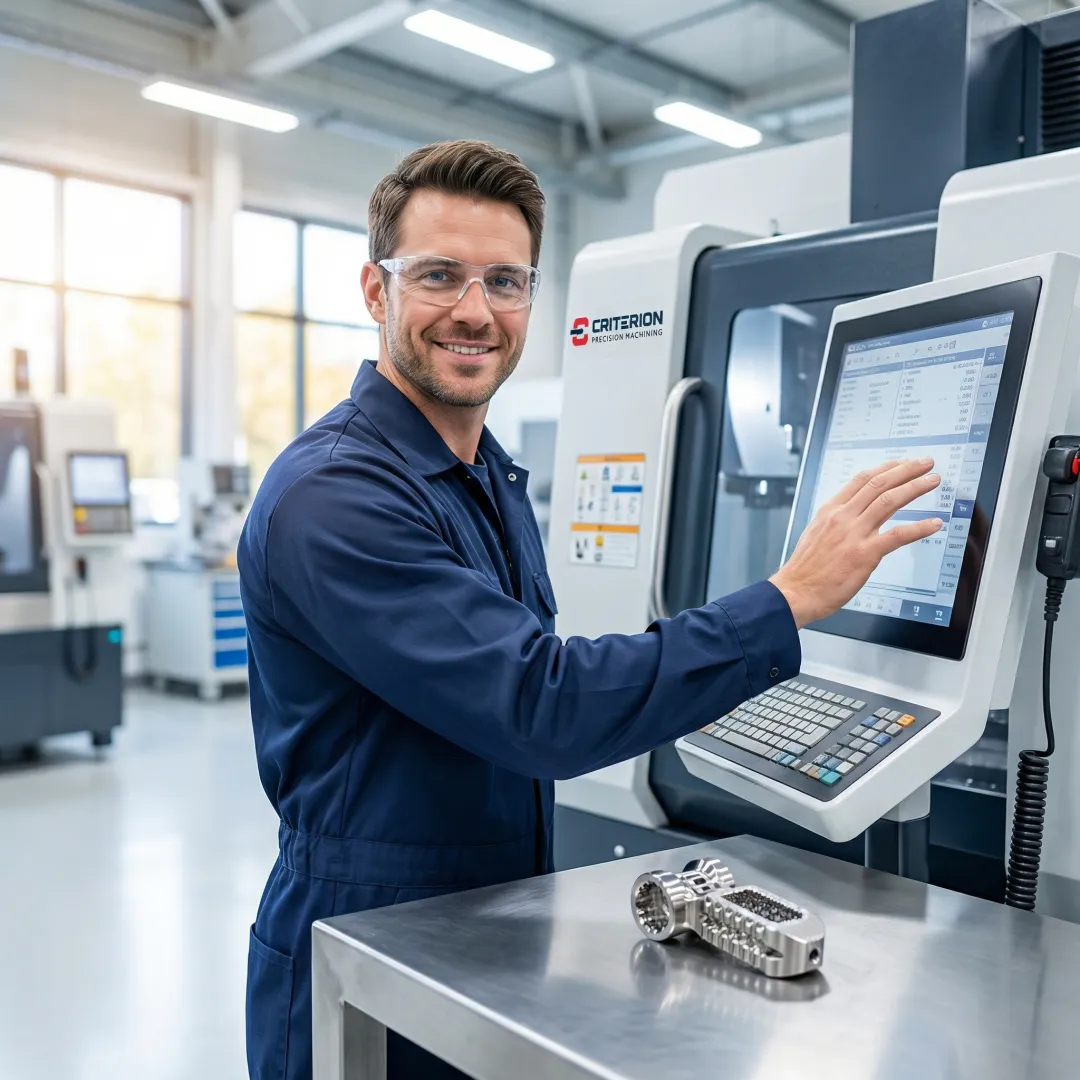 CNC machinist precision-machining a titanium spinal implant component at Criterion Precision Machining