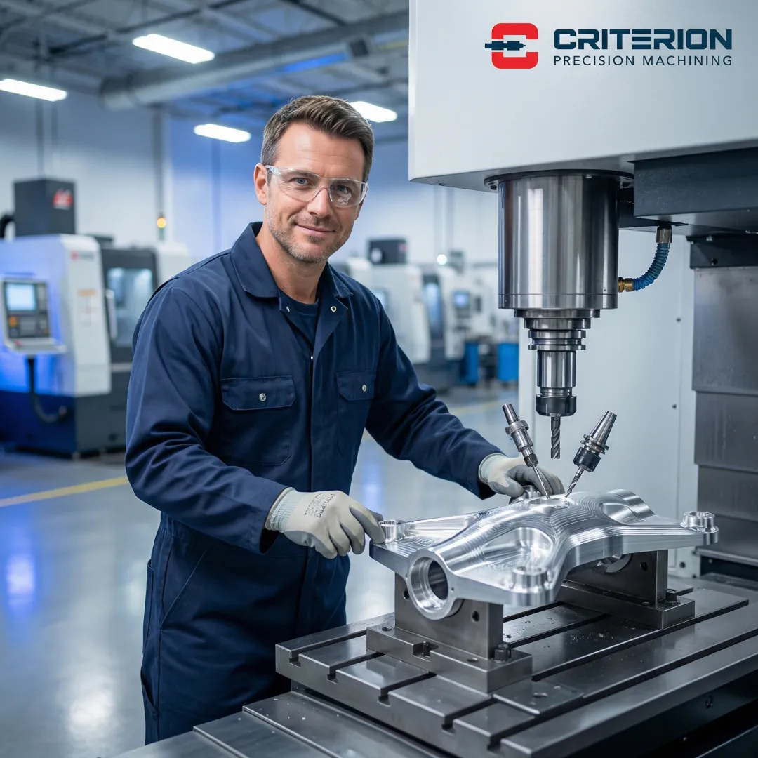 CNC machinist programming a 5-axis milling center for a UAV drone component