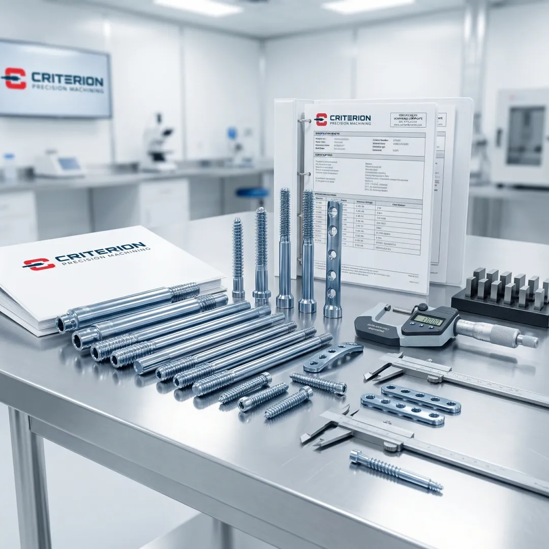 Precision machined medical device components displayed alongside ISO 13485 quality documentation