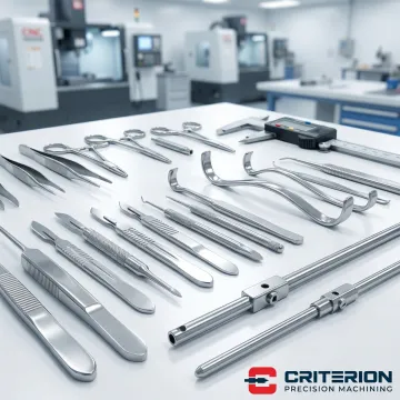Close-up of precision-machined stainless steel surgical instrument components laid out on an inspection surface