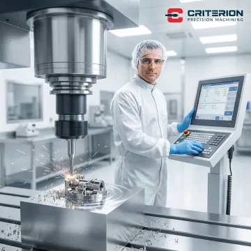 Precision CNC machining of a medical device component in a manufacturing facility